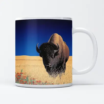 Bison Standing Tall Golden Prairie Blue Sky