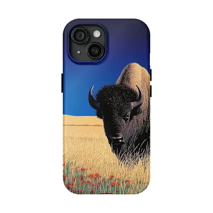 Bison Standing Tall Golden Prairie Blue Sky