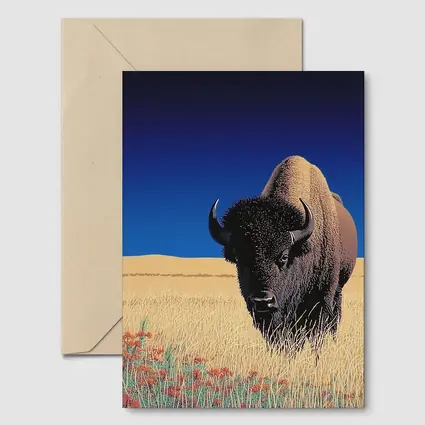 Bison Standing Tall Golden Prairie Blue Sky