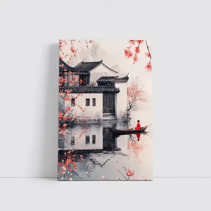 Chinese Ink Painting Woman Boat Cherry Blossoms