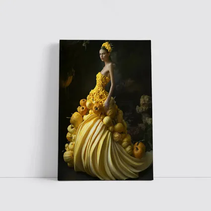 Woman In Yellow Vegetable Gown Dark Background