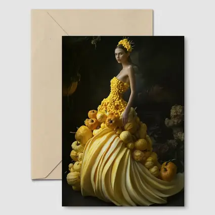Woman In Yellow Vegetable Gown Dark Background