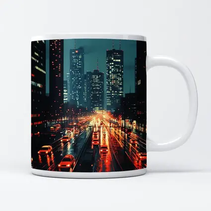 Rainy City Street Night Skyline Scene