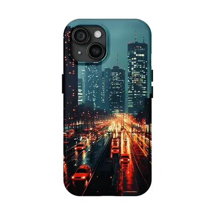 Rainy City Street Night Skyline Scene