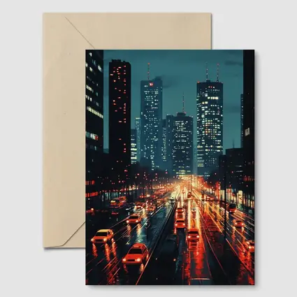 Rainy City Street Night Skyline Scene