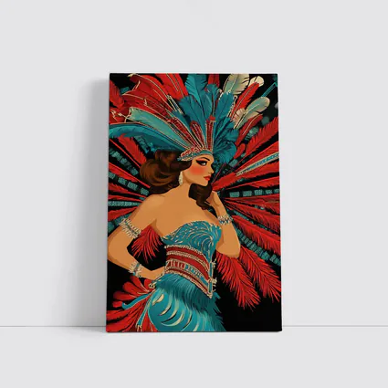 Showgirl Teal Costume Red Feathers Dark Background