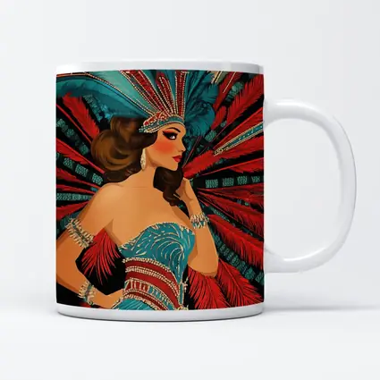 Showgirl Teal Costume Red Feathers Dark Background