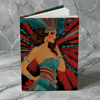 Showgirl Teal Costume Red Feathers Dark Background