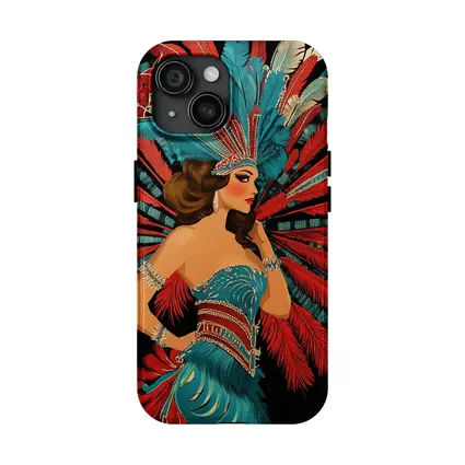 Showgirl Teal Costume Red Feathers Dark Background