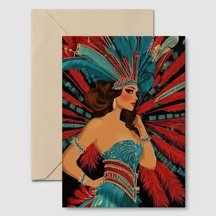 Showgirl Teal Costume Red Feathers Dark Background