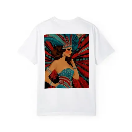 Showgirl Teal Costume Red Feathers Dark Background