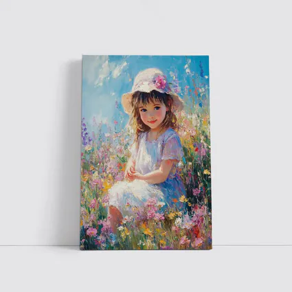 Little Girl Sitting in Wildflower Field Painting