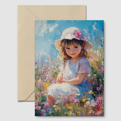 Little Girl Sitting in Wildflower Field Painting