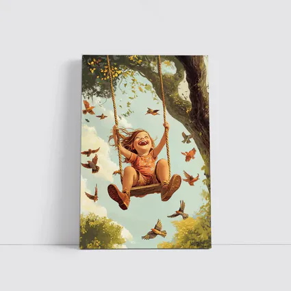 Joyful Girl Swinging On Tree With Birds