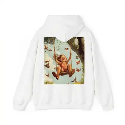 Joyful Girl Swinging On Tree With Birds
