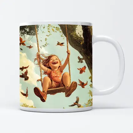 Joyful Girl Swinging On Tree With Birds
