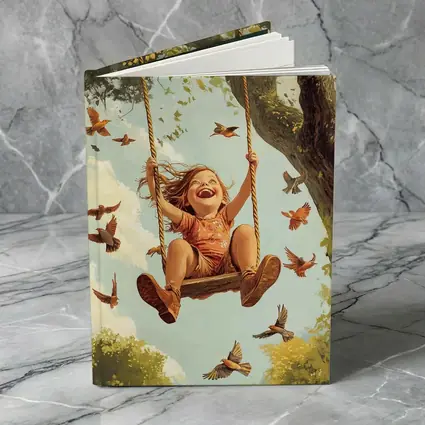 Joyful Girl Swinging On Tree With Birds