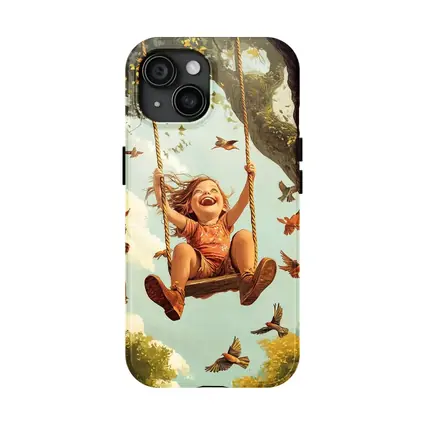 Joyful Girl Swinging On Tree With Birds