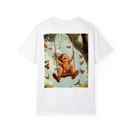Joyful Girl Swinging On Tree With Birds