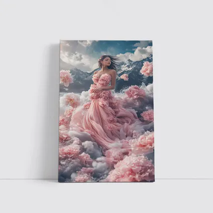 Woman Pink Floral Dress Dreamy Mountain Scene