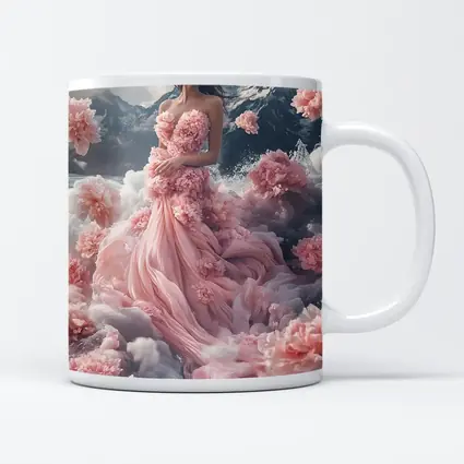 Woman Pink Floral Dress Dreamy Mountain Scene
