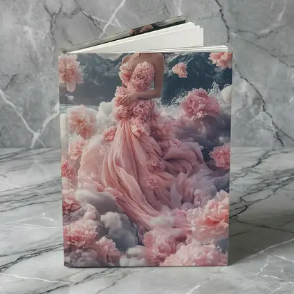 Woman Pink Floral Dress Dreamy Mountain Scene