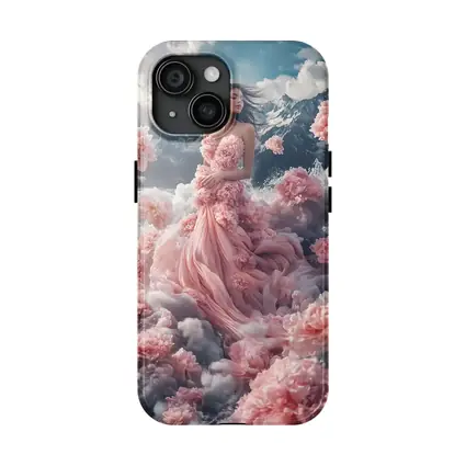 Woman Pink Floral Dress Dreamy Mountain Scene