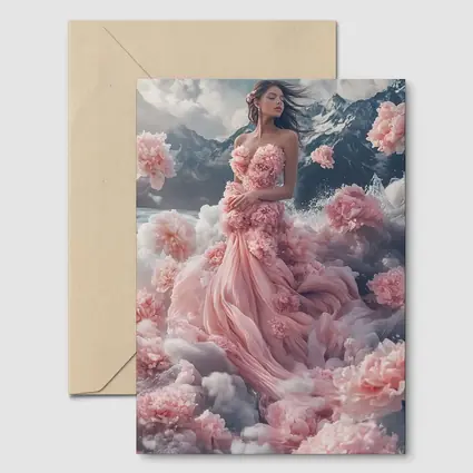 Woman Pink Floral Dress Dreamy Mountain Scene