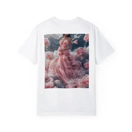 Woman Pink Floral Dress Dreamy Mountain Scene