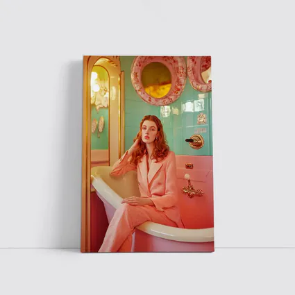 Redhead Woman Pink Suit Retro Bathroom