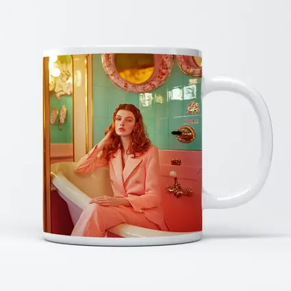 Redhead Woman Pink Suit Retro Bathroom