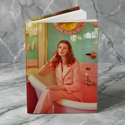 Redhead Woman Pink Suit Retro Bathroom