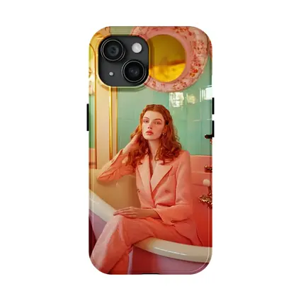 Redhead Woman Pink Suit Retro Bathroom