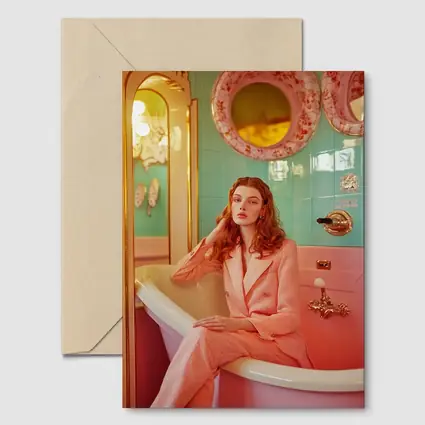 Redhead Woman Pink Suit Retro Bathroom