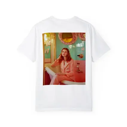 Redhead Woman Pink Suit Retro Bathroom
