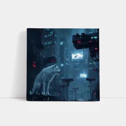 White Wolf Sitting in Rainy Cyberpunk City