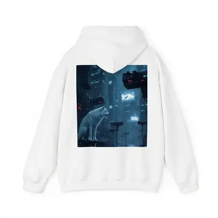 White Wolf Sitting in Rainy Cyberpunk City