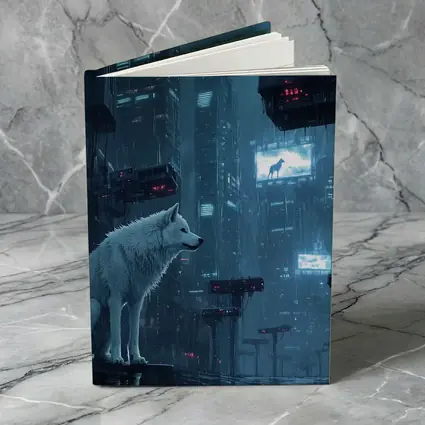White Wolf Sitting in Rainy Cyberpunk City