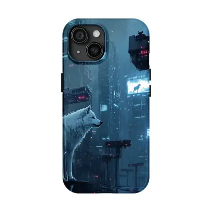 White Wolf Sitting in Rainy Cyberpunk City
