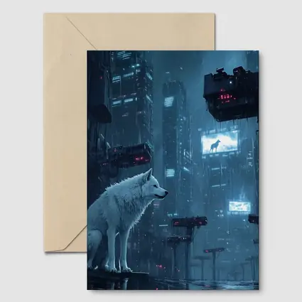 White Wolf Sitting in Rainy Cyberpunk City