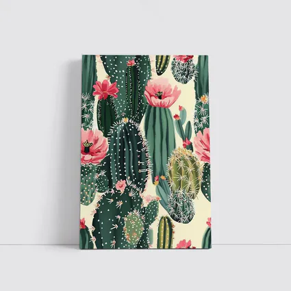 Flowering Cactus Pattern Green Pink Botanical