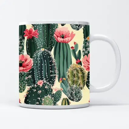 Flowering Cactus Pattern Green Pink Botanical