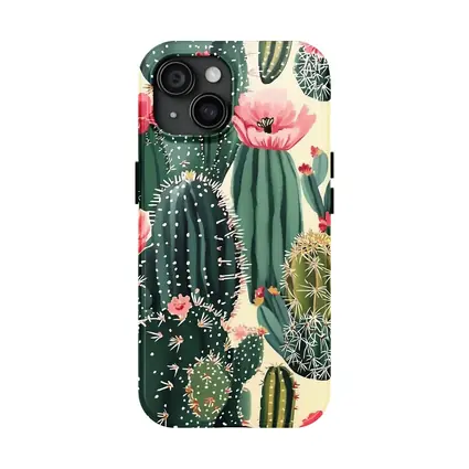 Flowering Cactus Pattern Green Pink Botanical