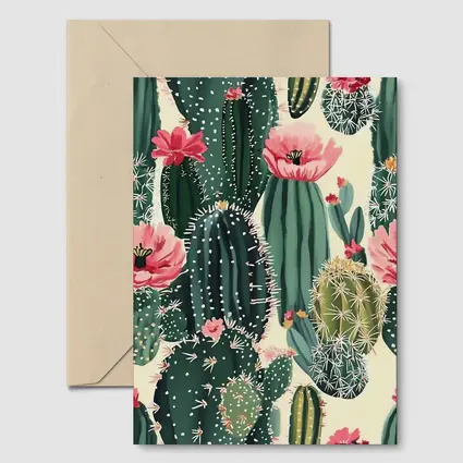 Flowering Cactus Pattern Green Pink Botanical