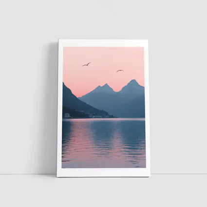 Pink Sunset Mountain Lake Birds Minimalist
