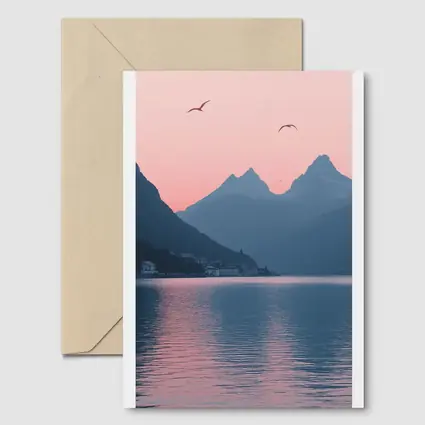Pink Sunset Mountain Lake Birds Minimalist