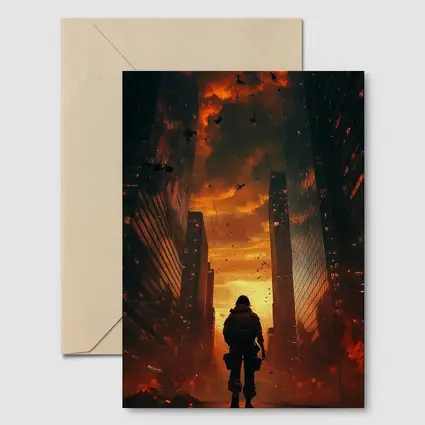 Soldier Standing In Burning City Streets