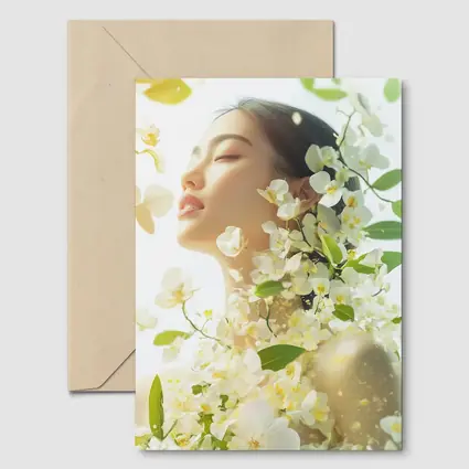 Asian Woman Portrait White Orchids Floral
