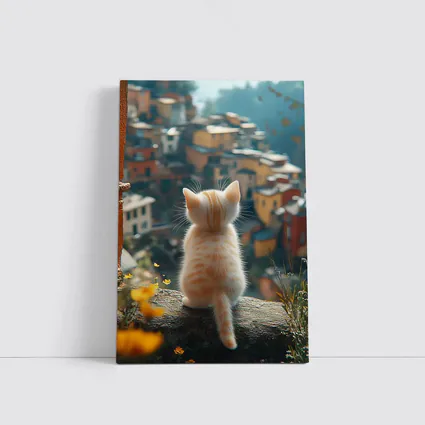 Orange Kitten Overlooking Colorful Hillside Village