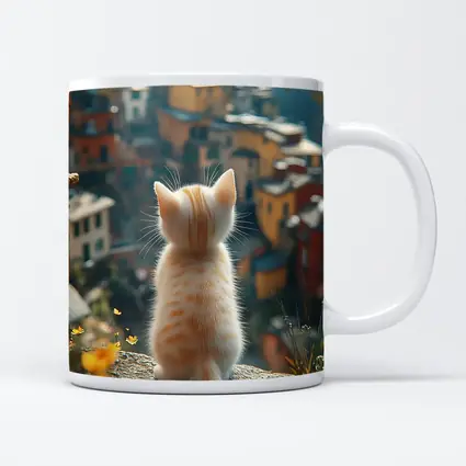 Orange Kitten Overlooking Colorful Hillside Village